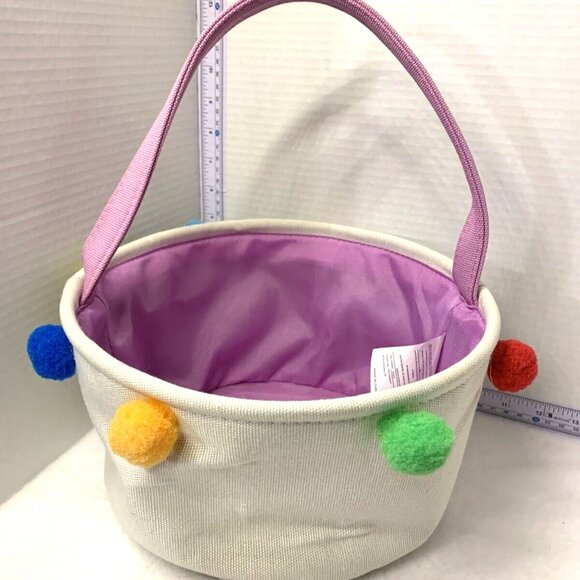 Beige Canvas Easter Basket with Multicolor Pom Poms Lavendar Lining - Picture 1 of 5